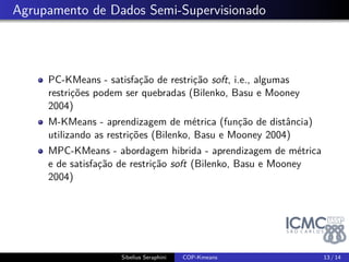 . Limitações 
Sensível a ordem de atribuição 
Solucionado por (Hong e Kwong 2009), usando um conjunto 
de algoritmos de agrupamento 
Sibelius Seraphini COP-Kmeans 11 / 14 
 