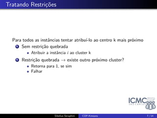 . Tratando Restrições 
Para todos as instâncias tentar atribuí-lo ao centro k mais próximo 
1. Sem restrição quebrada 
Atribuir a instância i ao cluster k 
2. Restrição quebrada ! existe outro próximo cluster? 
Retorna para 1, se sim 
Falhar 
Sibelius Seraphini COP-Kmeans 7 / 14 
 