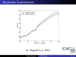 (Ii; Ij) + 1 
2 
]] 
= 0 
Con(i; j) = 
8 
: 
1; se xi e xj é Must-Link 
1; se xi e xj é Cannot-Link 
0; caso contrário 
 