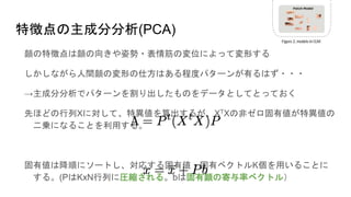 特徴点の主成分分析(PCA)
顔の特徴点は顔の向きや姿勢・表情筋の変位によって変形する
しかしながら人間顔の変形の仕方はある程度パターンが有るはず・・・
→主成分分析でパターンを割り出したものをデータとしてとっておく
先ほどの行列Xに対して、特異値を算出するが、XTXの非ゼロ固有値が特異値の
二乗になることを利用する。
固有値は降順にソートし、対応する固有値・固有ベクトルK個を用いることに
する。(PはKxN行列に圧縮される。bは固有顔の寄与率ベクトル）
 