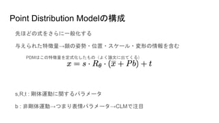 Point Distribution Modelの構成
先ほどの式をさらに一般化する
与えられた特徴量→顔の姿勢・位置・スケール・変形の情報を含む
PDMはこの特徴量を定式化したもの（よく論文に出てくる）
s,R,t : 剛体運動に関するパラメータ
b : 非剛体運動→つまり表情パラメータ→CLMで注目
 