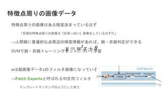特徴点周りの画像データ
特徴点周りの画像はある程度決まっているはず
「目頭の特徴点周りの画像は『目頭っぽい』画像をしているはずだ」
→人間顔に普遍的な点周辺の輝度情報があれば、顔・非顔判定ができる
SVMで顔・非顔トレーニングセットについて学習
wは顔画像データxのフィルタ画像になっている
→Patch Expertsと呼ばれる判定用フィルタ
テンプレートマッチングのようにして使う
 