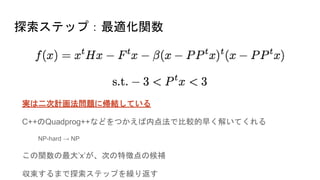 探索ステップ：最適化関数
実は二次計画法問題に帰結している
C++のQuadprog++などをつかえば内点法で比較的早く解いてくれる
NP-hard → NP
この関数の最大’x’が、次の特徴点の候補
収束するまで探索ステップを繰り返す
 