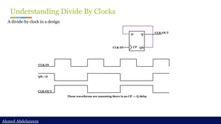 Ahmed Abdelazeem
Ahmed Abdelazeem
Understanding Divide By Clocks
A divide-by clock in a design
CLK-IN
CLK-OUT
D
CP
Q
QN
CLK-IN
QN / D
CLK-OUT
These waveforms are assuming there is no CP -> Q delay
 