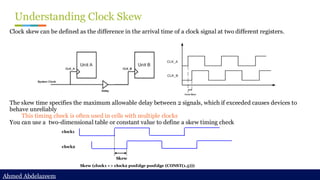 Ahmed Abdelazeem
Ahmed Abdelazeem
Understanding Clock Skew
Clock skew can be defined as the difference in the arrival time of a clock signal at two different registers.
The skew time specifies the maximum allowable delay between 2 signals, which if exceeded causes devices to
behave unreliably
This timing check is often used in cells with multiple clocks
You can use a two-dimensional table or constant value to define a skew timing check
clock1
clock2
Skew
Skew (clock1 => clock2 posEdge posEdge (CONST(1.5)))
 