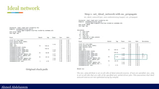 Ahmed Abdelazeem
Ahmed Abdelazeem
Ideal network
Step 1: set_ideal_network with no_propagate
set_ideal_network [get_nets cachememory/n3490] -no_propagate
Original clock path Rule #2
The size_only attribute is set on all cells of ideal network sources. If nets are specified, size_only
is set on all cells that are cells of the specified nets' global driver pins. This guarantees that ideal
network sources are not optimized away by compile.
 