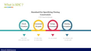 Ahmed Abdelazeem
Ahmed Abdelazeem
What is SDC ?
Standard for Specifying Timing
Constraints
A TCL based text format
create_clock
create_generated_clock
set_input_delay
set_output_delay
set_case_analysis set_multicycle_path
set_false_path
Clock
Creation
Constrain
IO path
Setup
Environment
Timing
Exceptions
 