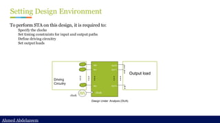 Ahmed Abdelazeem
Ahmed Abdelazeem
Setting Design Environment
To perform STA on this design, it is required to:
Specify the clocks
Set timing constraints for input and output paths
Define driving circuitry
Set output loads
Design Under Analysis (DUA)
Output load
Driving
Circuitry
clock
IN0
IN1
INn
OUT0
OUT1
OUTn
clock
 