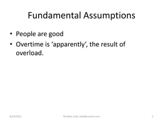 Fundamental AssumptionsPeople are goodOvertime is ‘apparently’, the result of overload.8/23/2011Shridhar Lolla, lolla@cvmark.com2