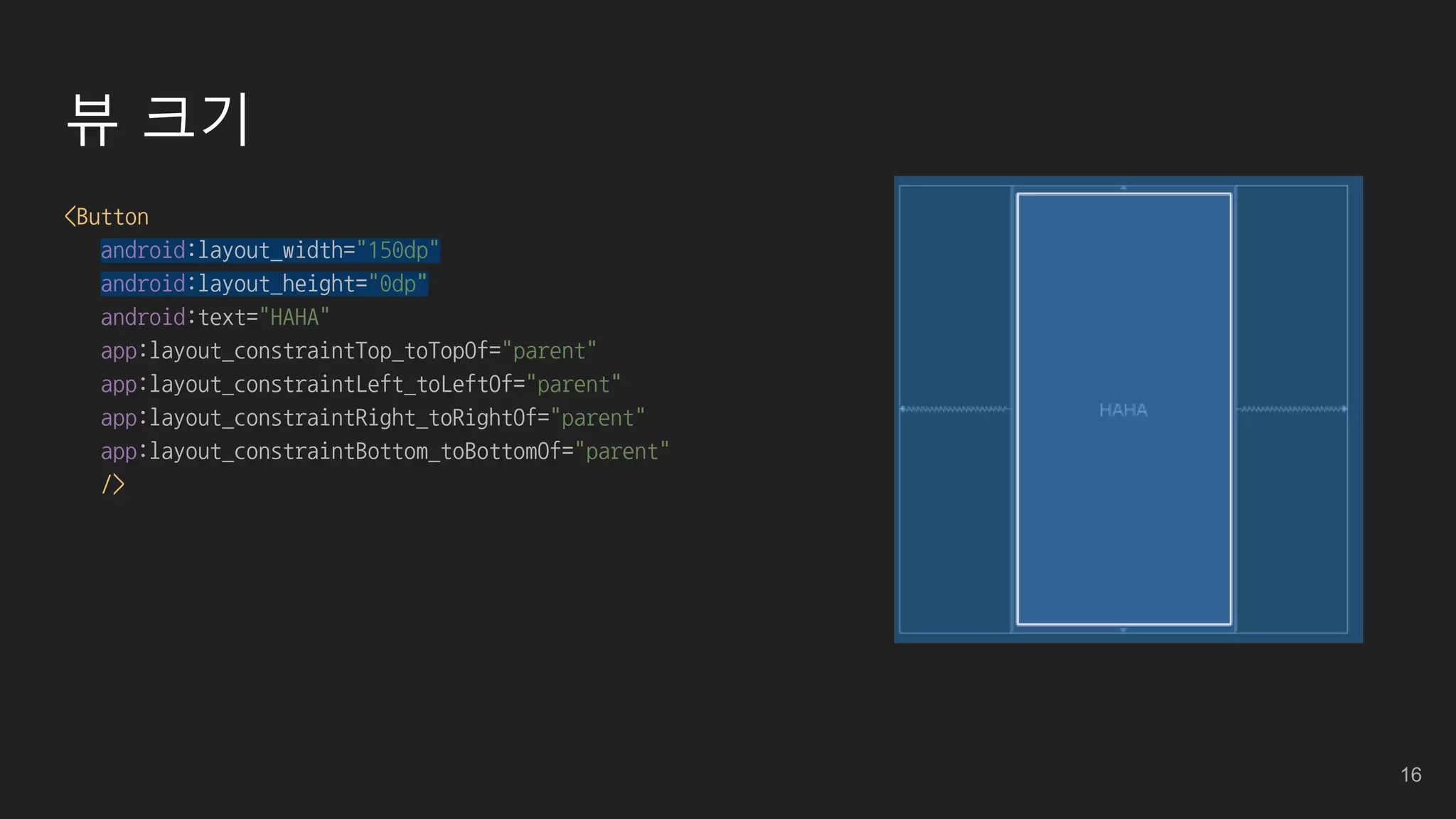 뷰 크기
<Button
android:layout_width="150dp"
android:layout_height="0dp"
android:text="HAHA"
app:layout_constraintTop_toTopOf="parent"
app:layout_constraintLeft_toLeftOf="parent"
app:layout_constraintRight_toRightOf="parent"
app:layout_constraintBottom_toBottomOf="parent"
/>
16
 