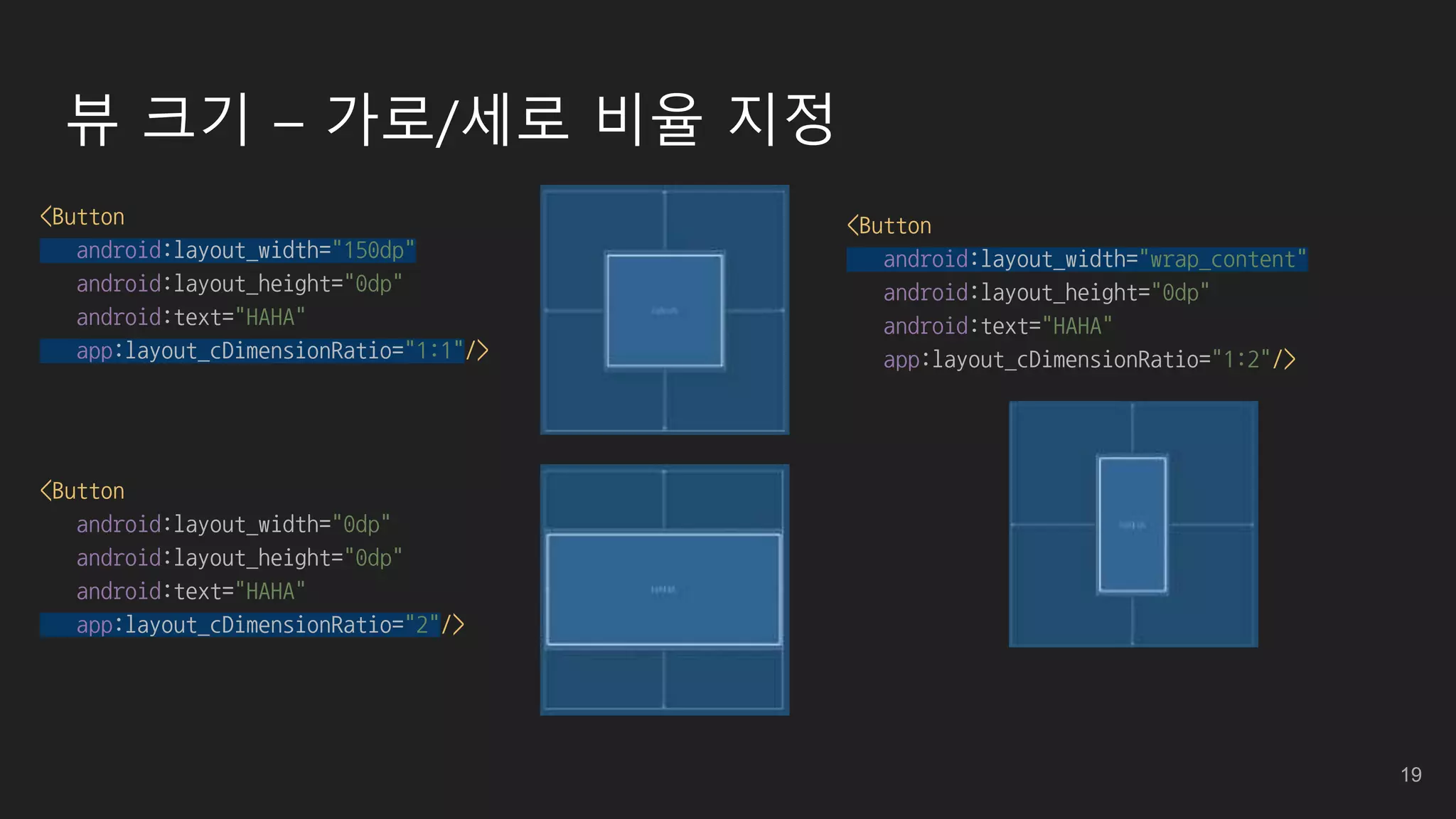 뷰 크기 – 가로/세로 비율 지정
<Button
android:layout_width="150dp"
android:layout_height="0dp"
android:text="HAHA"
app:layout_cDimensionRatio="1:1"/>
<Button
android:layout_width="0dp"
android:layout_height="0dp"
android:text="HAHA"
app:layout_cDimensionRatio="2"/>
<Button
android:layout_width="wrap_content"
android:layout_height="0dp"
android:text="HAHA"
app:layout_cDimensionRatio="1:2"/>
19
 