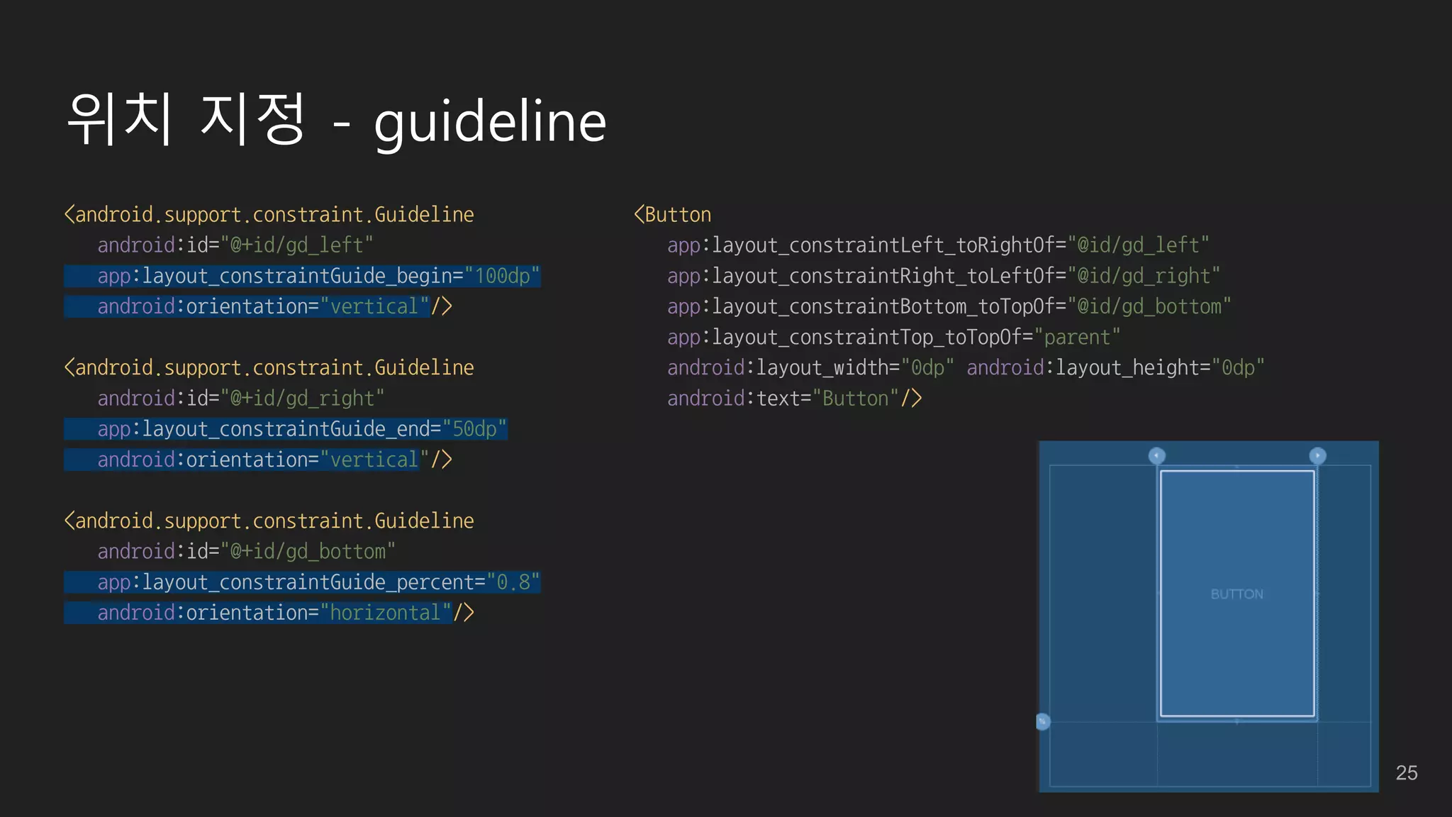 위치 지정 - guideline
<android.support.constraint.Guideline
android:id="@+id/gd_left"
app:layout_constraintGuide_begin="100dp"
android:orientation="vertical"/>
<android.support.constraint.Guideline
android:id="@+id/gd_right"
app:layout_constraintGuide_end="50dp"
android:orientation="vertical"/>
<android.support.constraint.Guideline
android:id="@+id/gd_bottom"
app:layout_constraintGuide_percent="0.8"
android:orientation="horizontal"/>
<Button
app:layout_constraintLeft_toRightOf="@id/gd_left"
app:layout_constraintRight_toLeftOf="@id/gd_right"
app:layout_constraintBottom_toTopOf="@id/gd_bottom"
app:layout_constraintTop_toTopOf="parent"
android:layout_width="0dp" android:layout_height="0dp"
android:text="Button"/>
25
 