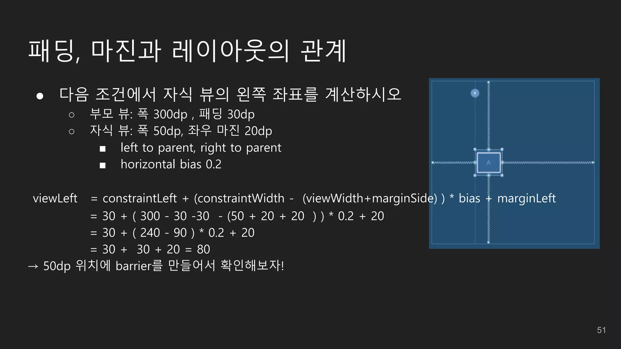 패딩, 마진과 레이아웃의 관계
● 다음 조건에서 자식 뷰의 왼쪽 좌표를 계산하시오
○ 부모 뷰: 폭 300dp , 패딩 30dp
○ 자식 뷰: 폭 50dp, 좌우 마진 20dp
■ left to parent, right to parent
■ horizontal bias 0.2
viewLeft = constraintLeft + (constraintWidth - (viewWidth+marginSide) ) * bias + marginLeft
= 30 + ( 300 - 30 -30 - (50 + 20 + 20 ) ) * 0.2 + 20
= 30 + ( 240 - 90 ) * 0.2 + 20
= 30 + 30 + 20 = 80
→ 50dp 위치에 barrier를 만들어서 확인해보자!
51
 