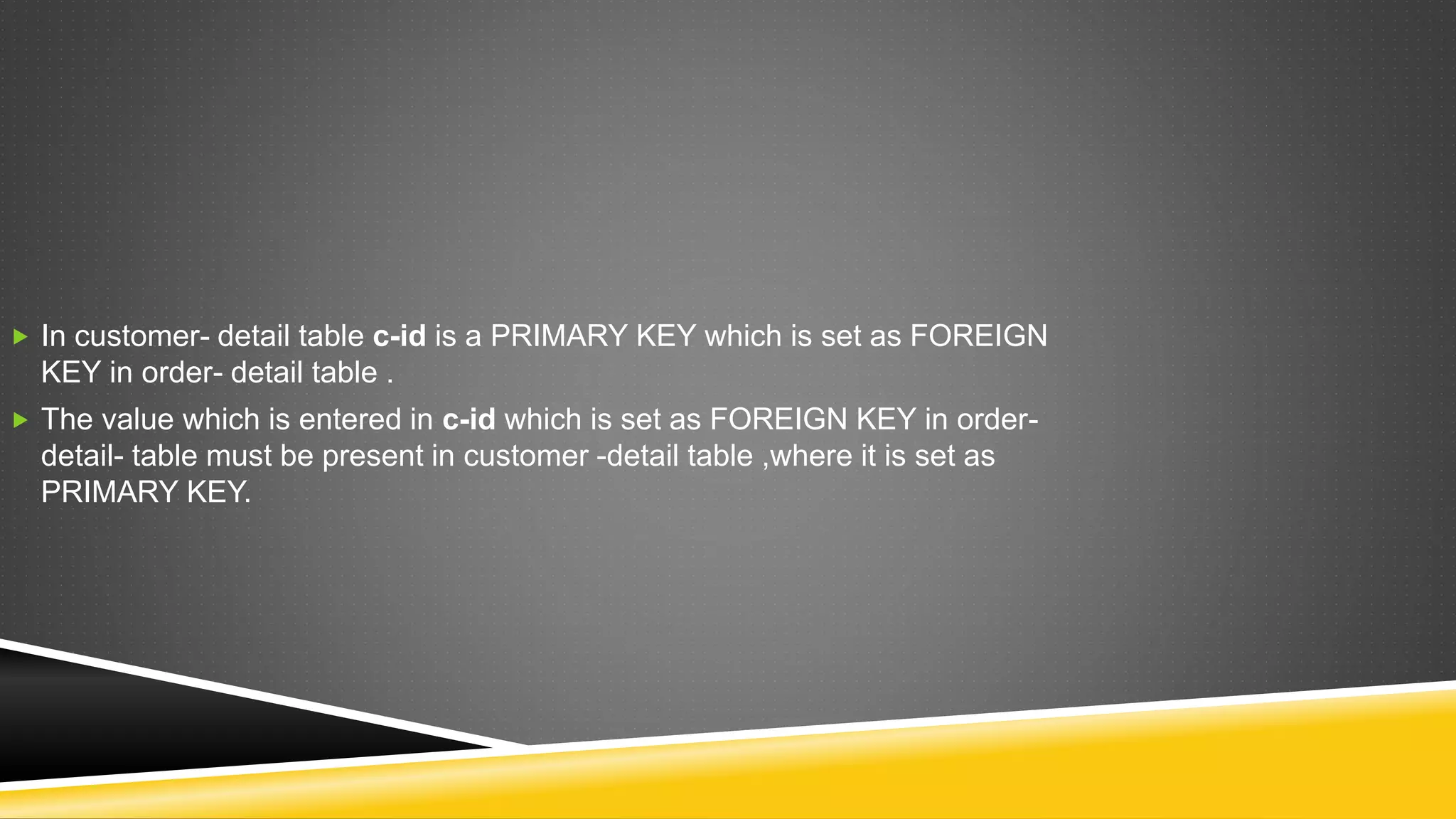  In customer- detail table c-id is a PRIMARY KEY which is set as FOREIGN
KEY in order- detail table .
 The value which is entered in c-id which is set as FOREIGN KEY in order-
detail- table must be present in customer -detail table ,where it is set as
PRIMARY KEY.
 