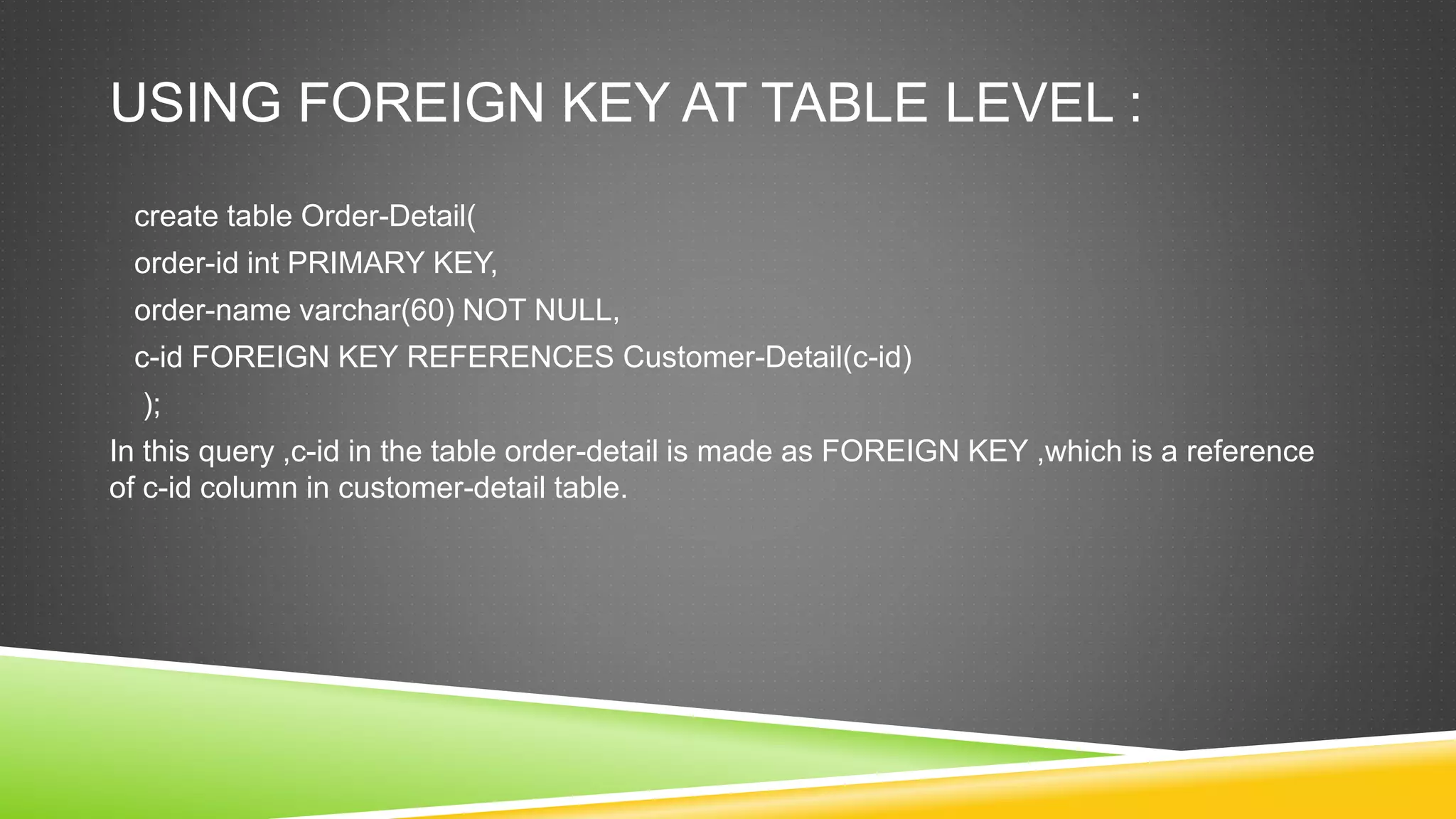 USING FOREIGN KEY AT TABLE LEVEL :
create table Order-Detail(
order-id int PRIMARY KEY,
order-name varchar(60) NOT NULL,
c-id FOREIGN KEY REFERENCES Customer-Detail(c-id)
);
In this query ,c-id in the table order-detail is made as FOREIGN KEY ,which is a reference
of c-id column in customer-detail table.
 