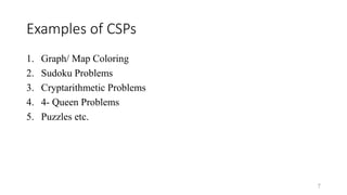 Examples of CSPs
1. Graph/ Map Coloring
2. Sudoku Problems
3. Cryptarithmetic Problems
4. 4- Queen Problems
5. Puzzles etc.
7
 