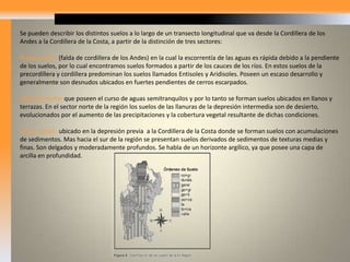 Se pueden describir los distintos suelos a lo largo de un transecto longitudinal que va desde la Cordillera de los Andes a la Cordillera de la Costa, a partir de la distinción de tres sectores: Primer sector (falda de cordillera de los Andes) en la cual la escorrentía de las aguas es rápida debido a la pendiente de los suelos, por lo cual encontramos suelos formados a partir de los cauces de los ríos. En estos suelos de la precordillera y cordillera predominan los suelos llamados Entisoles y Aridisoles. Poseen un escaso desarrollo y generalmente son desnudos ubicados en fuertes pendientes de cerros escarpados.Segundo sector que poseen el curso de aguas semitranquilos y por lo tanto se forman suelos ubicados en llanos y terrazas. En el sector norte de la región los suelos de las llanuras de la depresión intermedia son de desierto, evolucionados por el aumento de las precipitaciones y la cobertura vegetal resultante de dichas condiciones.Tercer sector: ubicado en la depresión previa  a la Cordillera de la Costa donde se forman suelos con acumulaciones de sedimentos. Mas hacia el sur de la región se presentan suelos derivados de sedimentos de texturas medias y finas. Son delgados y moderadamente profundos. Se habla de un horizonte argílico, ya que posee una capa de arcilla en profundidad.