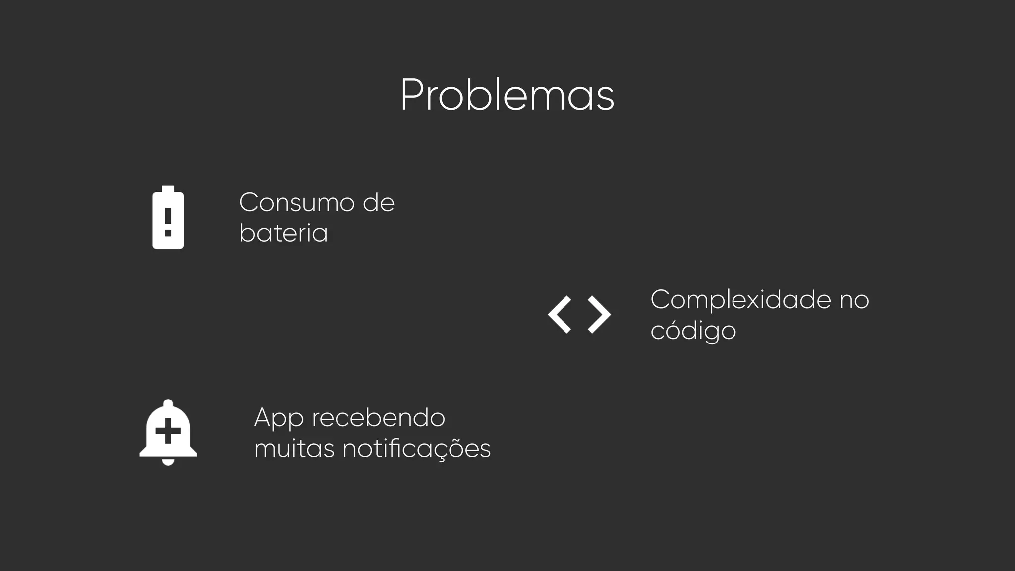 Problemas
App recebendo
muitas notificações
Complexidade no
código
Consumo de
bateria