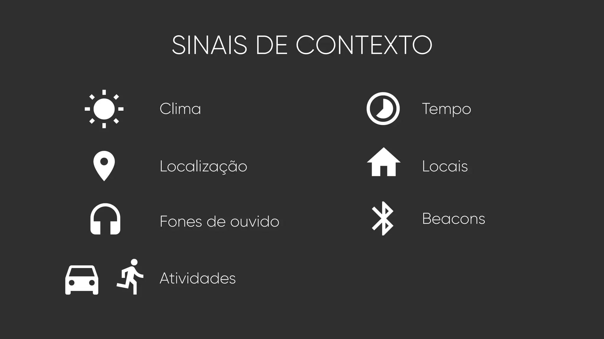 SINAIS DE CONTEXTO
Clima
Localização
Fones de ouvido
Atividades
Tempo
Locais
Beacons