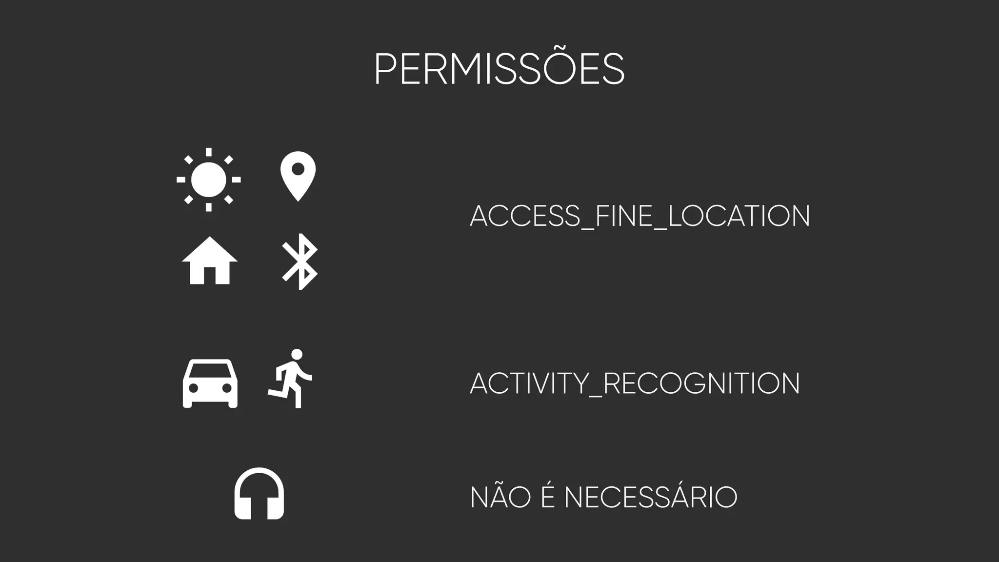 PERMISSÕES
ACCESS_FINE_LOCATION
ACTIVITY_RECOGNITION
NÃO É NECESSÁRIO
