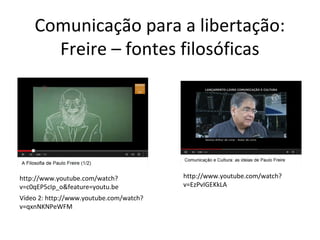 Comunicação para a libertação:
Freire – fontes filosóficas

http://www.youtube.com/watch?
v=c0qEP5cIp_o&feature=youtu.be
Vídeo 2: http://www.youtube.com/watch?
v=qxnNKNPeWFM

http://www.youtube.com/watch?
v=EzPvIGEKkLA

 
