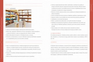 páginas
92
e
93
Almoxarifado
Figura 4 Almoxarifado
Instalar em local de fácil recepção e distribuição dos materiais pelo canteiro;
Manter limpo, organizado e identificado, de modo a não prejudicar o trânsito de pessoas, a
circulação de materiais e o acesso aos equipamentos de combate ao incêndio;
Manter pilhas estáveis de materiais com facilidade de acesso e manuseio;
Armazenar os materiais (tóxicos, corrosivos, inflamáveis e explosivos) identificados e separados
por compatibilidade química e em local isolado e sinalizado.
Movimentação de veículos
Exigir, na contratação dos serviços, condições de segurança do veículo que transporta as
máquinas, com especial atenção aos pneus, à dimensão das cunhas para colocação sob os
mesmos, como reforço da frenagem e compatibilidade da capacidade e dimensão do veículo
com a carga;
Assegurar na via pública, localização adequada para as manobras, principalmente em relação à
rede elétrica;
Manter as rodas dos veículos livres de terra quando circular em vias públicas;
Solicitar ao órgão responsável pelo trânsito a delimitação ou interdição da via pública na
entrega e retirada de máquinas e equipamentos (escavadeira, bate-estaca, Bobcat); sinalizar a
via devido aos riscos para a comunidade do entorno e orientar os trabalhadores para os riscos
da operação, principalmente em relação à rede elétrica;
Monitorar a entrada e saída de veículos e colocar cavaletes para sinalização de advertência no
trânsito de pedestres;
Permitir a operação de veículos somente por trabalhador qualificado e identificado por crachá;
Delimitar e sinalizar o local de trabalho dos veículos automotores proibindo a presença de
trabalhadores no raio de ação das máquinas;
Manter a caçamba da escavadeira sobre o solo quando não estiver em operação;
Estabelecer local apropriado para guarda do combustível e abastecimento dos veículos, que
deve ser feito por trabalhador qualificado, orientando-o para manter somente o reservatório
principal;
Dispor proteção contra incidência de raios solares e intempéries nas cabinas;
Sinalização de marcha a ré e boas condições de iluminação para trabalho noturno.
2.2.3 Áreas de vivência
As condições de alojamento, instalações sanitárias, vestiário, refeitório, cozinha, lavanderia, área de
lazer, ambulatório e o fornecimento de água potável devem atender ao que estabelece a NR-18,
item 18.4.
Alojamento
O alojamento deve ser planejado e construído de forma adequada considerando características do
material construtivo, a área construída em relação ao número de trabalhadores, o pé-direito, a área de
ventilação, a iluminação, as instalações elétricas protegidas, as acomodações e a proibição de estar
situado em subsolo ou porão das edificações.
O alojamento deve ser mantido em perfeito estado de conservação, higiene, e limpeza. Para cumprir
esta obrigação, a colaboração do trabalhador é fundamental.
|
manual
de
segurança
e
saúde
no
trabalho
|
indústria
da
construção
civil
–
edificações
|
ESTUDO
DE
CAMPO
|
 