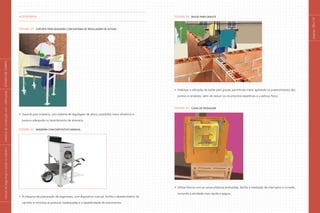Acessórios
Figura 22 Suporte para masseira com sistema de regulagem de altura
Suporte para masseira, com sistema de regulagem de altura, possibilita maior eficiência e
postura adequada no levantamento de alvenaria.
Figura 23 Masseira com dispositivo manual
A máquina de preparação de argamassa, com dispositivo manual, facilita o abastecimento do
carrinho e minimiza as posturas inadequadas e a repetitividade de movimentos.
Figura 24 Balde para graute
Viabilizar a utilização de balde para graute, permitindo maior agilidade no preenchimento dos
pontos e canaletas, além de reduzir os movimentos repetitivos e o esforço físico.
Figura 25 Caixa de passagem
Utilizar blocos com as caixas plásticas embutidas, facilita a instalação de interruptor e tomada,
tornando a atividade mais rápida e segura.
páginas
130
e
131
|
manual
de
segurança
e
saúde
no
trabalho
|
indústria
da
construção
civil
–
edificações
|
ESTUDO
DE
CAMPO
|
 