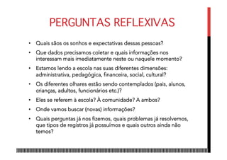 PERGUNTAS REFLEXIVAS
•  Quais sãos os sonhos e expectativas dessas pessoas?
•  Que dados precisamos coletar e quais informações nos
interessam mais imediatamente neste ou naquele momento?
•  Estamos lendo a escola nas suas diferentes dimensões:
administrativa, pedagógica, financeira, social, cultural?
•  Os diferentes olhares estão sendo contemplados (pais, alunos,
crianças, adultos, funcionários etc.)?
•  Eles se referem à escola? À comunidade? A ambos?
•  Onde vamos buscar (novas) informações?
•  Quais perguntas já nos fizemos, quais problemas já resolvemos,
que tipos de registros já possuímos e quais outros ainda não
temos?
 