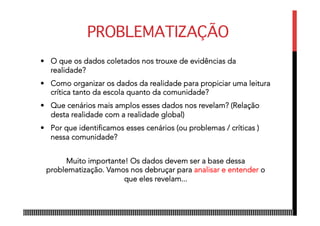 PROBLEMATIZAÇÃO
•  O que os dados coletados nos trouxe de evidências da
realidade?
•  Como organizar os dados da realidade para propiciar uma leitura
crítica tanto da escola quanto da comunidade?
•  Que cenários mais amplos esses dados nos revelam? (Relação
desta realidade com a realidade global)
•  Por que identificamos esses cenários (ou problemas / críticas )
nessa comunidade?
Muito importante! Os dados devem ser a base dessa
problematização. Vamos nos debruçar para analisar e entender o
que eles revelam...
 
