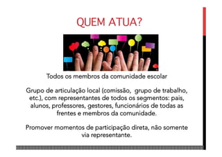 QUEM ATUA?
Todos os membros da comunidade escolar
Grupo de articulação local (comissão, grupo de trabalho,
etc.), com representantes de todos os segmentos: pais,
alunos, professores, gestores, funcionários de todas as
frentes e membros da comunidade.
Promover momentos de participação direta, não somente
via representante.
 