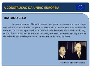 TRATADO CECA Inspirando-se no Plano Schuman, seis países assinam um tratado que visa colocar as suas indústrias pesadas do carvão e do aço, sob uma autoridade comum. O tratado que institui a Comunidade Europeia do Carvão e do Aço (CECA) foi assinado em 18 de Abril de 1951, em Paris, entrando em vigor em 23 de Julho de 1952 e chegou ao seu termo em 23 de Julho de 2002.  A CONSTRUÇÃO DA UNIÃO EUROPEIA Jean Monet e Robert Schuman 