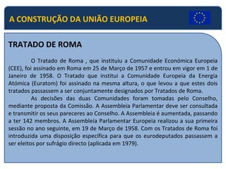 A CONSTRUÇÃO DA UNIÃO EUROPEIA TRATADO DE ROMA O Tratado de Roma , que instituiu a Comunidade Económica Europeia (CEE), foi assinado em Roma em 25 de Março de 1957 e entrou em vigor em 1 de Janeiro de 1958. O Tratado que institui a Comunidade Europeia da Energia Atómica (Euratom) foi assinado na mesma altura, o que levou a que estes dois tratados passassem a ser conjuntamente designados por Tratados de Roma. As decisões das duas Comunidades foram tomadas pelo Conselho, mediante proposta da Comissão. A Assembleia Parlamentar deve ser consultada e transmitir os seus pareceres ao Conselho. A Assembleia é aumentada, passando a ter 142 membros. A Assembleia Parlamentar Europeia realizou a sua primeira sessão no ano seguinte, em 19 de Março de 1958. Com os Tratados de Roma foi introduzida uma disposição específica para que os eurodeputados passassem a ser eleitos por sufrágio directo (aplicada em 1979). 