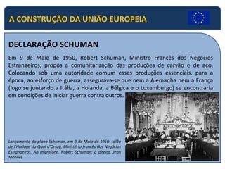 A CONSTRUÇÃO DA UNIÃO EUROPEIA DECLARAÇÃO SCHUMAN Em 9 de Maio de 1950, Robert Schuman, Ministro Francês dos Negócios Estrangeiros, propôs a comunitarização das produções de carvão e de aço. Colocando sob uma autoridade comum esses produções essenciais, para a época, ao esforço de guerra, assegurava-se que nem a Alemanha nem a França (logo se juntando a Itália, a Holanda, a Bélgica e o Luxemburgo) se encontraria em condições de iniciar guerra contra outros. Lançamento do plano Schuman, em 9 de Maio de 1950: salão de l'Horloge do Quai d'Orsay, Ministério francês dos Negócios Estrangeiros. Ao microfone, Robert Schuman; à direita, Jean Monnet 