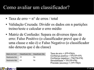 37 de 44 
Como avaliar um classificador? 
● Taxa de erro = n° de erros / total 
● Validação Cruzada: Dividir os dados em n partições 
treino/teste e calcular o erro médio 
● Matriz de Confusão: Separa os diversos tipos de 
erro: Falso Positivo (o classificador prevê que é de 
uma classe e não é) e Falso Negativo (o classificador 
não detecta que é da classe) 
Matriz de Conf. Classificado Sim Classificado Não 
Realmente Sim TP FN 
Realmente Não FP TN 
Taxa de erro = (FP+FN)/n 
Confiança positiva = TP/(TP+FP) 
Confiança negativa = TN/(TN+FN) 
Sensibilidade = TP/(TP+FN) 
Precisão (acuracy) = (TP+TN)/n 
 