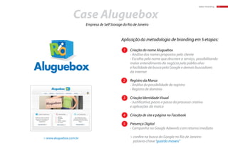 baker:branding 11
Case Aluguebox
1	 Criação do nome Aluguebox
	 - Análise dos nomes propostos pelo cliente
	 - Escolha pelo nome que descreve o serviço, possibilitando 	
	 maior entendimento do negócio pelo públio-alvo 		
	 e facilidade de busca pelo Google e demais buscadores
	 da internet
2	 Registro da Marca
	 - Análise da possibilidade de registro
	 - Registro de domínio
3	 Criação Identidade Visual
	 - Justificativa,passo a passo do processo criativo
	 e aplicações da marca
4	 Criação de site e página no Facebook
5	 Presença Digital
	 - Campanha no Google Adwords com retorno imediato
	
	 > confira na busca do Google no Rio de Janeiro:
		 palavra-chave“guarda moveis”
Aplicação da metodologia de branding em 5 etapas:
Empresa de Self Storage do Rio de Janeiro
> www.aluguebox.com.br
 