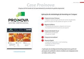 baker:branding 12
Case Proinova
1	 Criação do nome Proinova
	 - Criação e apresentação de lista de nomes classificados 	
	 quanto ao grau de dificuldade de registro no INPI
	
2	 Registro da Marca
	 - Finalização de etiquetas e depósito da marca
	 - Acompanhamento do processo de registro
3	 Criação Identidade Visual
	 - Aplicações do logotipo
	 - Criação de Folder
4	 Criação de site editável
5	 Presença Digital
	 - Criação de sistema de e-mail marketing
	 -Template em Power Point
	 - Folder Eletrônico
Aplicação da metodologia de branding em 5 etapas:Aplicação da metodologia de branding em 5 etapas:
A aplicação da estratégia de branding proporcionou ganho de
percepção de qualidade e retorno imediato com integração entre
as mídias online e offline.
Empresa do Rio Grande do Sul especializada de consultoria em gestão empresarial.
> www.proinova.com.br
 