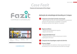 baker:branding 13
Case Fazit
CONTROLE E AUTOMAÇÃO
1	 Criação do nome Fazit Controle e Automação
	 - Apresentação de lista de nomes baseados no conceito da 	
	 empresa de organização,qualidade e resultados.
	 No idioma alemão Fazit significa“resultado”
	
2	 Registro da Marca
	 - Análise da possibilidade de registro
	 - Registro de domínio
3	 Criação Identidade Visual
	 - Justificativa,passo a passo do processo criativo
	 e aplicações da marca
4	 Criação de site,hospedagem,registro de domínio
5	 Presença Digital
	 - Site otimizado com palavras-chave que permite maior 	
	 facilidade de ser encontrado pelo buscador do Google
Aplicação da metodologia de branding em 5 etapas:
Empresa de Automação de Porto Alegre
> www.fazit.com.br
 