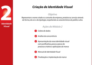 Criação de Identidade Visual
Objetivo
Ações do Módulo 2
1	 Coleta de dados
2	 Análise da concorrência
3	 Apresentação da nova identidade visual
	 com justificativa,passo a passo do 		
	 processo criativo e aplicações da marca
5	 Manual de Identidade Visual
6	 Finalização e implantação da marca
Representar o nome criado e o conceito da empresa,produto ou serviço através
da forma,da cor e da tipologia,respeitando as características do público-alvo.2Identidade
Visual
2
 