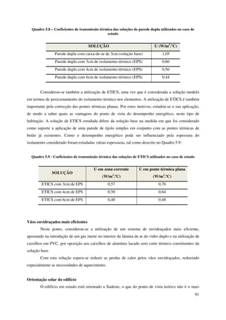 91
Quadro 5.8 – Coeficientes de transmissão térmica das soluções de parede dupla utilizados no caso de
estudo
SOLUÇÃO U (W/m2
.ºC)
Parede dupla com caixa-de-ar de 3cm (solução base) 1,05
Parede dupla com 3cm de isolamento térmico (EPS) 0,66
Parede dupla com 4cm de isolamento térmico (EPS) 0,56
Parede dupla com 6cm de isolamento térmico (EPS) 0,44
Considerou-se também a utilização de ETICS, uma vez que é considerada a solução modelo
em termos de posicionamento do isolamento térmico nos elementos. A utilização de ETICS é também
importante pela correcção das pontes térmicas planas. Por estes motivos, estudou-se a sua aplicação,
de modo a saber quais as vantagens do ponto de vista do desempenho energético, neste tipo de
habitação. A solução de ETICS estudada difere da solução base na medida em que foi considerado
como suporte a aplicação de uma parede de tijolo simples em conjunto com as pontes térmicas de
betão já existentes. Como o desempenho energético pode ser influenciado pela espessura do
isolamento considerado foram estudadas várias espessuras, tal como descrito no Quadro 5.9:
Quadro 5.9 - Coeficientes de transmissão térmica das soluções de ETICS utilizados no caso de estudo
SOLUÇÃO
U em zona corrente
(W/m2
.ºC)
U em ponte térmica plana
(W/m2
.ºC)
ETICS com 3cm de EPS 0,57 0,76
ETICS com 4cm de EPS 0,50 0,64
ETICS com 6cm de EPS 0,40 0,48
Vãos envidraçados mais eficientes
Neste ponto, considerou-se a utilização de um sistema de envidraçados mais eficiente,
apostando na introdução de um gás inerte no interior da lâmina de ar do vidro duplo e na utilização de
caixilhos em PVC, por oposição aos caixilhos de alumínio lacado sem corte térmico constituintes da
solução base.
Com esta solução espera-se reduzir as perdas de calor pelos vãos envidraçados, reduzindo
especialmente as necessidades de aquecimento.
Orientação solar do edifício
O edifício em estudo está orientado a Sudeste, o que do ponto de vista teórico não é o mais
 