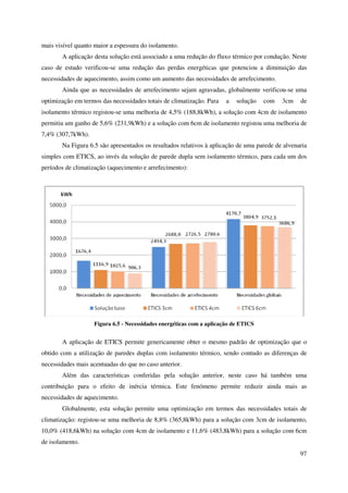 97
mais visível quanto maior a espessura do isolamento.
A aplicação desta solução está associado a uma redução do fluxo térmico por condução. Neste
caso de estudo verificou-se uma redução das perdas energéticas que potenciou a diminuição das
necessidades de aquecimento, assim como um aumento das necessidades de arrefecimento.
Ainda que as necessidades de arrefecimento sejam agravadas, globalmente verificou-se uma
optimização em termos das necessidades totais de climatização. Para a solução com 3cm de
isolamento térmico registou-se uma melhoria de 4,5% (188,8kWh), a solução com 4cm de isolamento
permitiu um ganho de 5,6% (231,9kWh) e a solução com 6cm de isolamento registou uma melhoria de
7,4% (307,7kWh).
Na Figura 6.5 são apresentados os resultados relativos à aplicação de uma parede de alvenaria
simples com ETICS, ao invés da solução de parede dupla sem isolamento térmico, para cada um dos
períodos de climatização (aquecimento e arrefecimento):
Figura 6.5 - Necessidades energéticas com a aplicação de ETICS
A aplicação de ETICS permite genericamente obter o mesmo padrão de optimização que o
obtido com a utilização de paredes duplas com isolamento térmico, sendo contudo as diferenças de
necessidades mais acentuadas do que no caso anterior.
Além das características conferidas pela solução anterior, neste caso há também uma
contribuição para o efeito de inércia térmica. Este fenómeno permite reduzir ainda mais as
necessidades de aquecimento.
Globalmente, esta solução permite uma optimização em termos das necessidades totais de
climatização: registou-se uma melhoria de 8,8% (365,8kWh) para a solução com 3cm de isolamento,
10,0% (418,6kWh) na solução com 4cm de isolamento e 11,6% (483,8kWh) para a solução com 6cm
de isolamento.
 