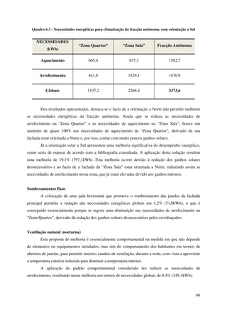 99
Quadro 6.3 - Necessidades energéticas para climatização da fracção autónoma, com orientação a Sul
NECESSIDADES
(kWh)
“Zona Quartos” “Zona Sala” Fracção Autónoma
Aquecimento 665,4 837,3 1502,7
Arrefecimento 441,8 1429,1 1870,9
Globais 1107,2 2266,4 3373,6
Dos resultados apresentados, destaca-se o facto de a orientação a Norte não permitir melhorar
as necessidades energéticas da fracção autónoma. Ainda que se reduza as necessidades de
arrefecimento na “Zona Quartos” e as necessidades de aquecimento na “Zona Sala”, houve um
aumento de quase 100% nas necessidades de aquecimento da “Zona Quartos”, derivado da sua
fachada estar orientada a Norte e, por isso, contar com muito poucos ganhos solares.
Já a orientação solar a Sul apresentou uma melhoria significativa do desempenho energético,
como seria de esperar de acordo com a bibliografia consultada. A aplicação desta solução resultou
uma melhoria de 19,1% (797,1kWh). Esta melhoria ocorre devido à redução dos ganhos solares
desnecessários e ao facto de a fachada da “Zona Sala” estar orientada a Norte, reduzindo assim as
necessidades de arrefecimento nessa zona, que já eram elevadas devido aos ganhos internos.
Sombreamentos fixos
A colocação de uma pala horizontal que promova o sombreamento das janelas da fachada
principal permitiu a redução das necessidades energéticas globais em 1,2% (51,0kWh), o que é
conseguido essencialmente porque se regista uma diminuição nas necessidades de arrefecimento na
“Zona Quartos”, derivado da redução dos ganhos solares desnecessários pelos envidraçados.
Ventilação natural (nocturna)
Esta proposta de melhoria é essencialmente comportamental na medida em que não depende
de elementos ou equipamentos instalados, mas sim do comportamento dos habitantes em termos de
abertura de janelas, para permitir maiores caudais de ventilação, durante a noite, com vista a aproveitar
a temperatura exterior reduzida para diminuir a temperatura interior.
A aplicação do padrão comportamental considerado fez reduzir as necessidades de
arrefecimento, resultando numa melhoria em termos de necessidades globais de 8,4% (349,3kWh).
 