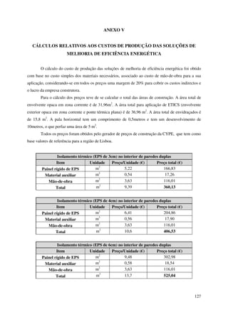 127
ANEXO V
CÁLCULOS RELATIVOS AOS CUSTOS DE PRODUÇÃO DAS SOLUÇÕES DE
MELHORIA DE EFICIÊNCIA ENERGÉTICA
O cálculo do custo de produção das soluções de melhoria de eficiência energética foi obtido
com base no custo simples dos materiais necessários, associado ao custo de mão-de-obra para a sua
aplicação, considerando-se em todos os preços uma margem de 20% para cobrir os custos indirectos e
o lucro da empresa construtora.
Para o cálculo dos preços teve de se calcular o total das áreas de construção. A área total de
envolvente opaca em zona corrente é de 31,96m2
. A área total para aplicação de ETICS (envolvente
exterior opaca em zona corrente e ponte térmica plana) é de 36,96 m2
. A área total de envidraçados é
de 15,8 m2
. A pala horizontal tem um comprimento de 0,5metros e tem um desenvolvimento de
10metros, o que perfaz uma área de 5 m2
.
Todos os preços foram obtidos pelo gerador de preços de construção da CYPE, que tem como
base valores de referência para a região de Lisboa.
Isolamento térmico (EPS de 3cm) no interior de paredes duplas
Item Unidade Preço/Unidade (€) Preço total (€)
Painel rígido de EPS m2
5,22 166,83
Material auxiliar m2
0,54 17,26
Mão-de-obra m2
3,63 116,01
Total m2
9,39 360,13
Isolamento térmico (EPS de 4cm) no interior de paredes duplas
Item Unidade Preço/Unidade (€) Preço total (€)
Painel rígido de EPS m2
6,41 204,86
Material auxiliar m2
0,56 17,90
Mão-de-obra m2
3,63 116,01
Total m2
10,6 406,53
Isolamento térmico (EPS de 6cm) no interior de paredes duplas
Item Unidade Preço/Unidade (€) Preço total (€)
Painel rígido de EPS m2
9,48 302,98
Material auxiliar m2
0,58 18,54
Mão-de-obra m2
3,63 116,01
Total m2
13,7 525,04
 