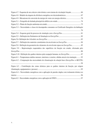 x
Figura 4.7 - Esquema de um colector solar térmico com sistema de circulação forçada...................... 66
Figura 4.8 - Modelo da etiqueta da eficiência energética em electrodomésticos.................................. 67
Figura 4.9 - Mecanismo de conversão da energia do vento em energia eléctrica ................................. 70
Figura 5.1 – Fotografia da fachada principal do edifício em estudo..................................................... 74
Figura 5.2 – Planta da fracção autónoma em estudo............................................................................. 75
Figura 5.3 – Necessidades e classe de desempenho constantes no Certificado Energético da habitação
............................................................................................................................................................... 76
Figura 5.4 – Esquema geral do processo de simulação com o EnergyPlus........................................... 81
Figura 5.5 – Definição dos Parâmetros de Simulação no EnergyPlus .................................................. 82
Figura 5.6- Definição dos Schedules no EnergyPlus ............................................................................ 83
Figura 5.7 – Definição dos materiais constituintes da envolvente no EnergyPlus................................ 84
Figura 5.8 - Definição da geometria dos elementos da envolvente opaca no EnergyPlus.................... 85
Figura 5.9 – Representação esquemática das superfícies da fracção em estudo, efectuada pelo
EnergyPlus ............................................................................................................................................ 86
Figura 5.10 - Definição dos ganhos internos pela ocupação humana, no EnergyPlus.......................... 87
Figura 6.1 – Temperaturas médias mensais, interiores e exterior, obtidas através da simulação.......... 93
Figura 6.2 – Comparação das necessidades de climatização da solução base (EnergyPlus vs RCCTE)
............................................................................................................................................................... 94
Figura 6.3 – Contribuição das zonas térmicas para os ganhos internos da fracção, por origem
(iluminação, equipamentos e pessoas) .................................................................................................. 95
Figura 6.4 – Necessidades energéticas com a aplicação de paredes duplas com isolamento térmico no
interior................................................................................................................................................... 96
Figura 6.5 - Necessidades energéticas com a aplicação de ETICS ....................................................... 97
 