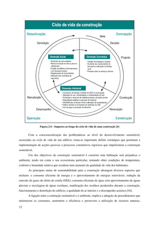 12
Figura 2.4 – Impactes ao longo do ciclo de vida de uma construção [6]
Com a consciencialização das problemáticas ao nível do desenvolvimento sustentável,
associadas ao ciclo de vida de um edifício, torna-se importante definir estratégias que permitam a
implementação de acções passivas e processos construtivos rigorosos que impulsionem a construção
sustentável.
Um dos objectivos da construção sustentável é construir uma habitação sem prejudicar o
ambiente, tendo em conta o seu ecossistema particular, tentando obter condições de temperatura,
conforto e humidade relativa que resultem num aumento da qualidade de vida dos habitantes.
As principais metas de sustentabilidade para a construção abrangem diversos aspectos que
incluem: o consumo eficiente de energia e o aproveitamento de energias renováveis; redução da
emissão de gases de efeito de estufa (GEE); consumo eficiente de água com aproveitamento de águas
pluviais e reciclagem de águas residuais; reutilização dos resíduos produzidos durante a construção,
funcionamento e demolição do edifício; a qualidade do ar interior e o desempenho acústico [16].
A ligação entre a contrução sustentável e o ambiente, implica a adopção de procedimentos que
minimizem os consumos, aumentem a eficiência e preservem a utilização de recursos naturais,
 