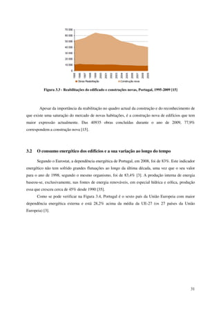 31
Figura 3.3 - Reabilitações do edificado e construções novas, Portugal, 1995-2009 [15]
Apesar da importância da reabilitação no quadro actual da construção e do reconhecimento de
que existe uma saturação do mercado de novas habitações, é a construção nova de edifícios que tem
maior expressão actualmente. Das 40935 obras concluídas durante o ano de 2009, 77,9%
correspondem a construção nova [15].
3.2 O consumo energético dos edifícios e a sua variação ao longo do tempo
Segundo o Eurostat, a dependência energética de Portugal, em 2008, foi de 83%. Este indicador
energético não tem sofrido grandes flutuações ao longo da última década, uma vez que o seu valor
para o ano de 1998, segundo o mesmo organismo, foi de 83,4% [3]. A produção interna de energia
baseou-se, exclusivamente, nas fontes de energia renováveis, em especial hídrica e eólica, produção
essa que cresceu cerca de 45% desde 1990 [35].
Como se pode verificar na Figura 3.4, Portugal é o sexto país da União Europeia com maior
dependência energética externa e está 28,2% acima da média da UE-27 (os 27 países da União
Europeia) [3].
 