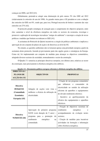 37
começar em 2008 e até 2012 [41].
Globalmente, pretende-se atingir uma diminuição de pelo menos 5% dos GEE até 2012
(relativamente às emissões do ano de 1990). As grandes metas para a UE prendem-se com a redução
das emissões de GEE em 8%, sendo que, para isso, Portugal necessita de limitar o aumento das suas
emissões em 27% [42].
O protocolo propõe estratégias de actuação para o cumprimento do objectivo proposto, entre
elas: aumentar o nível da eficiência energética em todos os sectores da economia, investigar e
promover a aplicação de tecnologias inovadoras “amigas do ambiente” e encorajar a criação de novas
políticas e medidas que limitem ou reduzam os GEE [41].
A assinatura do Protocolo de Quioto incentivou a criação de políticas ambientais e implicou a
aprovação de um conjunto de planos de acção e de directivas ao nível da UE.
No entanto, as questões ambientais não se tornaram apenas uma prioridade europeia a partir da
assinatura deste protocolo, fazendo já previamente parte das opções gerais e estratégicas da Europa.
Como tal, foi implementado um conjunto de medidas para alcançar os objectivos comunitários,
atingindo diversos sectores da sociedade, nomeadamente o sector da construção.
O Quadro 3.1 sumariza as principais directivas europeias, nos últimos anos, relativas ao sector
da construção, mais precisamente à eficiência energética dos edifícios.
Quadro 3.1 - Documentos políticos europeus referentes à eficiência energética dos edifícios
DIRECTIVAS /
PLANOS DE
ACÇÃO DA UE
OBJECTIVOS PROPOSTAS
Directiva
89/364/CEE
(Comunidade
Económica
Europeia) [43]
Adopção de acções com vista a
melhorar a eficácia da utilização da
electricidade.
- Criação de um programa comunitário
que influencie o consumidor de
electricidade no sentido da utilização
eficiente de aparelhos e equipamentos
de elevado rendimento eléctrico;
- Incentivo ao aperfeiçoamento da
eficácia dos equipamentos e aparelhos
eléctricos.
Directiva
91/565/CEE [44]
Aprovação do primeiro programa
SAVE (com duração de 5 anos) –
programa para a promoção do
rendimento energético na
comunidade.
- Fixação de objectivos sectoriais de
rendimento energético e
acompanhamento da evolução nestes
sectores;
- Criação de medidas para incentivar
actividades de formação e informação
sobre eficiência energética.
 