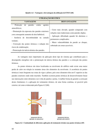60
Quadro 4.1 - Vantagens e desvantagens da utilização de ETICS [68]
UTILIZAÇÃO DE ETICS
VANTAGENS DESVANTAGENS
- Protecção de paredes contra agentes
atmosféricos;
- Diminuição da espessura das paredes exteriores
com consequente aumento da área habitável;
- Ausência de descontinuidade na camada
isolante;
- Correcção das pontes térmicas e redução dos
riscos de condensação;
- Potenciação da inércia térmica das paredes.
- Custo mais elevado, quando comparado com
soluções mais tradicionais como paredes duplas;
- Aplicação dificultada quando há aberturas e
pormenores complicados;
- Maior vulnerabilidade da parede ao choque,
sobretudo em zonas acessíveis.
As vantagens mais importantes da aplicação deste tipo de sistema que contribuem para o
desempenho energético são a potenciação da inércia térmica das paredes e a correcção das pontes
térmicas.
As pontes térmicas são áreas localizadas na envolvente do edifício onde existe uma maior
perda de calor em relação às restantes áreas dos elementos da envolvente. A ocorrência de pontes
térmicas é mais frequente nas zonas de vigas e pilares, pois estes elementos têm um U superior ao das
paredes exteriores onde estão inseridos. Também ocorrem pontes térmicas de desenvolvimento linear
nas intersecções entre elementos ou à volta de janelas e portas. A melhor forma de garantir a correcção
destes fenómenos é a aplicação de isolamento térmico, de uma forma contínua, só possível pelo
exterior, tal como evidenciado pela Figura 4.2 [68].
Figura 4.2 - Continuidade de diferentes aplicações de isolamento térmico nas pontes térmicas [69]
 