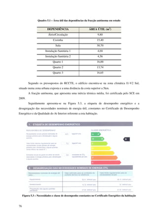 76
Quadro 5.1 – Área útil das dependências da fracção autónoma em estudo
DEPENDÊNCIA ÁREA ÚTIL (m2
)
Átrio/Circulação 9,80
Cozinha 15,40
Sala 30,70
Instalação Sanitária 1 4,04
Instalação Sanitária 2 4,56
Quarto 1 16,00
Quarto 2 13,74
Quarto 3 16,65
Segundo os pressupostos do RCCTE, o edifício encontra-se na zona climática I1-V2 Sul,
situado numa zona urbana exposta e a uma distância da costa superior a 5km.
A fracção autónoma, que apresenta uma inércia térmica média, foi certificada pelo SCE em
2009.
Seguidamente apresenta-se na Figura 5.3, a etiqueta de desempenho energético e a
desagregação das necessidades nominais de energia útil, constantes no Certificado de Desempenho
Energético e da Qualidade do Ar Interior referente a esta habitação.
Figura 5.3 – Necessidades e classe de desempenho constantes no Certificado Energético da habitação
 