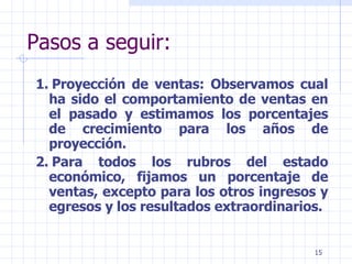Pasos a seguir: 1.   Proyección de ventas: Observamos cual ha sido el comportamiento de ventas en el pasado y estimamos los porcentajes de crecimiento para los años de proyección. 2.   Para todos los rubros del estado económico, fijamos un porcentaje de ventas, excepto para los otros ingresos y egresos y los resultados extraordinarios.   