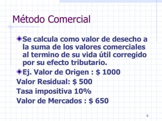 Método Comercial Se calcula como valor de desecho a la suma de los valores comerciales al termino de su vida útil corregido por su efecto tributario.   Ej. Valor de Origen : $ 1000 Valor Residual: $ 500 Tasa impositiva 10%  Valor de Mercados : $ 650 